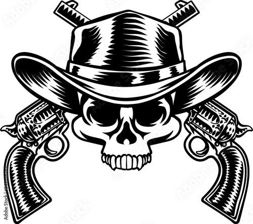 A cowboy grim reaper skull wearing a country or western style hat with pirate cross bones of guns or pistols old vintage revolvers
