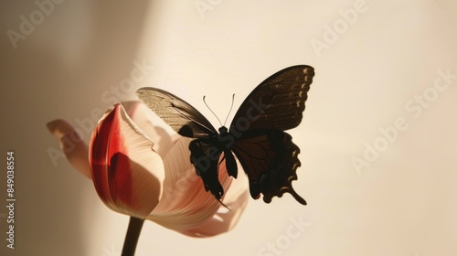 The shadow of a butterfly perched on a flower petal, delicate and ephemeral in the morning light.