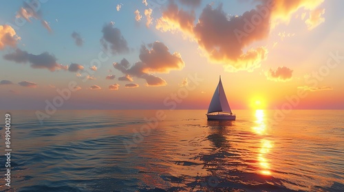 A beautiful sunset over the ocean. A sailboat is in the foreground, with the sun setting behind it.