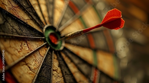 A dart lodged firmly in the center bullseye of a dartboard, depicting achievement and precision