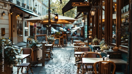 Charming Parisian street with a cozy cafe and outdoor seating. The perfect place to relax and enjoy a cup of coffee or a glass of wine.