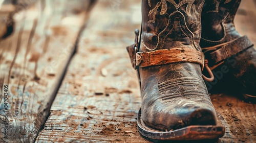 A pair of old, worn cowboy boots with a lot of character. The boots are made of brown leather and have a pointed toe.