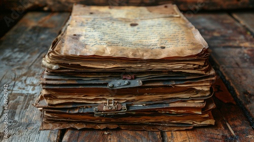 A stack of weathered, ancient documents, detailed with legible handwriting and vintage bindings