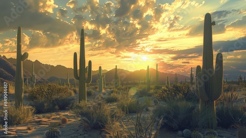 The rising sun bathes the desert landscape in golden light, illuminating the prickly spines of cacti that stand tall and proud, like ancient sentinels guarding the arid land.