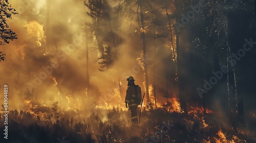 Firefighter battling a forest fire. The image is full of drama and suspense, as the firefighter risks his life to save the forest.