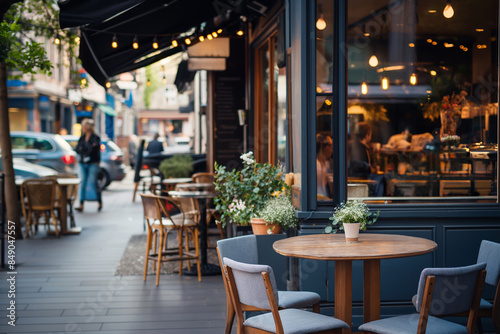 Cozy outdoor cafe with table and chairs on a city street in the evening. Urban restaurant setting with comfortable seating and a relaxed ambiance, perfect for dining or enjoying coffee