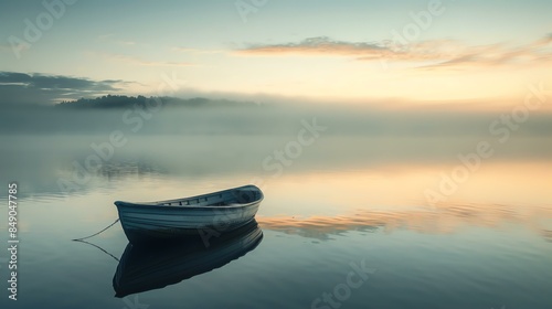 A lone boat sits on a still lake. The water is calm and the sky is foggy. The boat is anchored and there are no people in it.