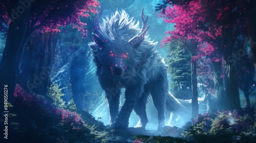 giant mystic wolf with antler on it head standing in enchanted forest, fairy woods guardian, painting style illustration 