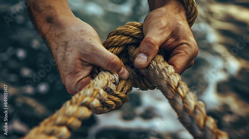 Close-up of hands gripping tightly onto a strong rope, symbolizing strength, teamwork, and determination.