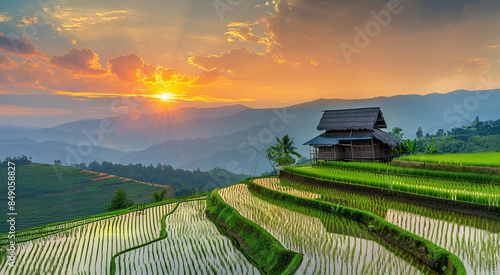 Green rice terraces, a lone hut, and the distant mountains create a stunning landscape at sunrise.