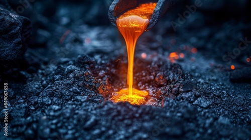 Intense flow of molten metal from a ladle into a crucible in a foundry, highlighting the smelting process