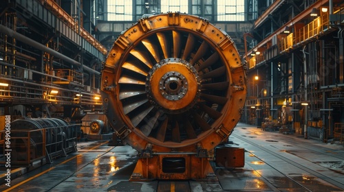 Frontal image displaying the sheer size and complexity of a turbine within an industrial factory setting