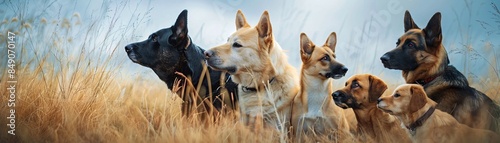 Six alert dogs sitting in tall dry grass