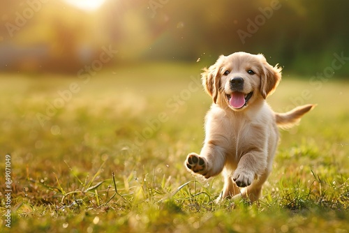 Golden retriever puppy joyfully romping through grass at sunset in a field