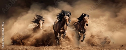 Three majestic horses gallop freely in the desert, stirring up a dust storm as the sun dips below the horizon