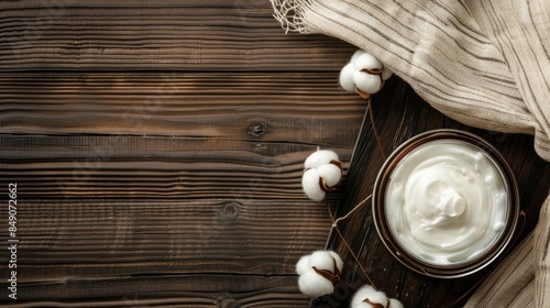 Facial cream opened on cotton napkin on wooden background Text space provided