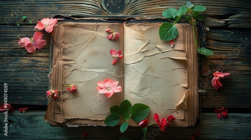 Book with geranium petals and leaves on wooden boards with vintage Instagram filter