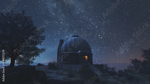 Under a sky full of stars, an observatory stands on a hill.