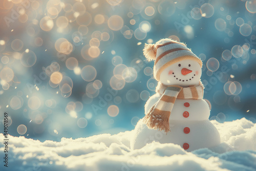 A cute snowman wearing a hat and scarf, sitting in a snowy landscape, in cartoon style, in a winter scene with a happy expression on its face