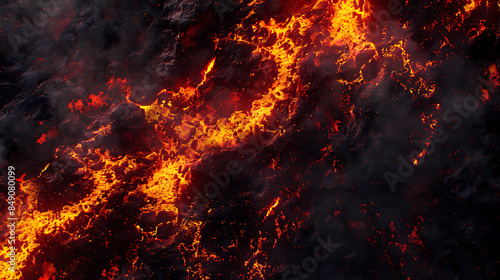 Erupting lava texture background with intense red and yellow flames, featuring fiery molten rock and an atmospheric glow. Rugged grunge texture creates a dramatic and powerful backdrop. 