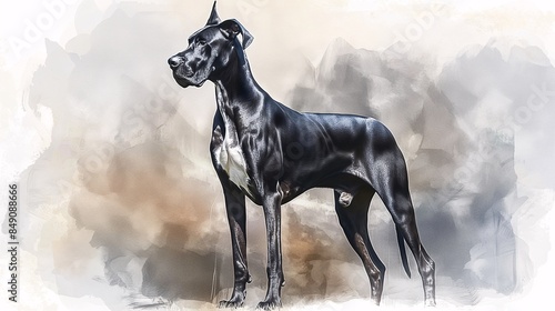Great Dane in a watercolor painting, highlighting its majestic stature and sleek, muscular build with fluid brushwork.
