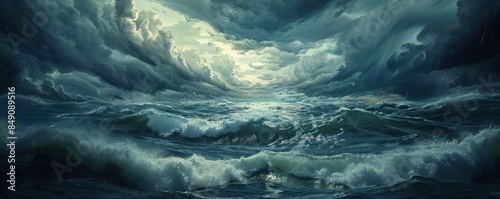 Dramatic stormy sky over a turbulent ocean, capturing the power and intensity of nature's fury.
