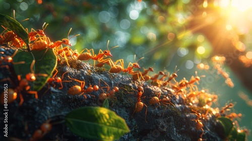 Image of ants traversing a rugged, sunlit terrain, highlighting their teamwork and determination