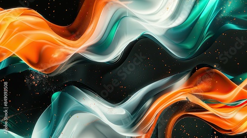 Vibrant orange teal white psychedelic grainy gradient color flow wave on black background, music cover dance party poster design