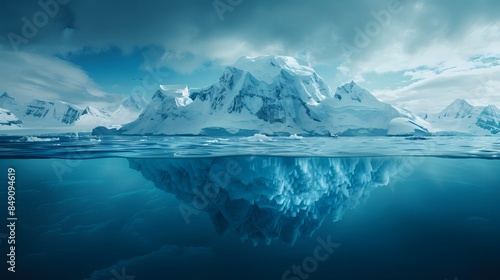 An iceberg floating in the ocean, with most below water visible and only one small part above the surface showing.
