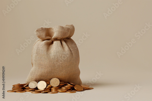 A burlap sack full of gold coins on a beige background The sack is tied closed with a rope and there is a pile of coins in front of it