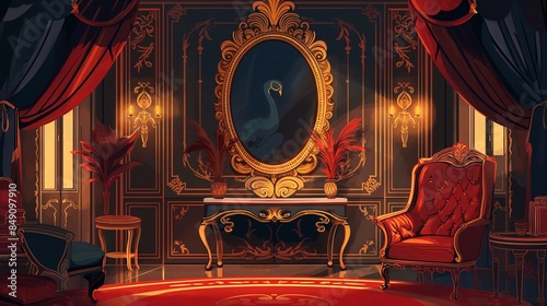 Classic luxury interior with red velvet curtains and elegant furniture