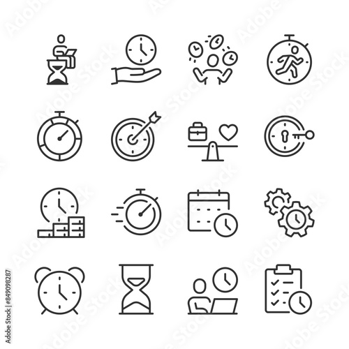 Effective Time and Resource Management, icon set. Work, Rest, Deadlines, and Productive Time Allocation. Clocks, Work, Leisure, Meeting, Work Hours, Meet Deadlines. Line with editable stroke