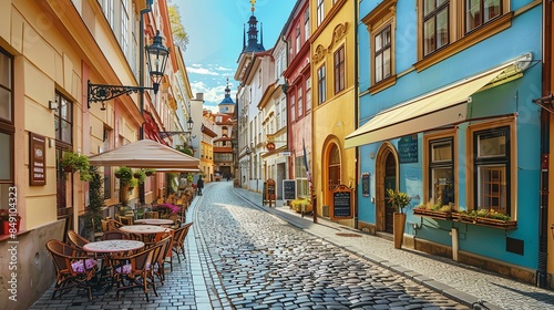 Charming narrow street in the old town of Prague, Czech Republic. Traditional Czech architecture with colorful buildings and cobblestone streets.