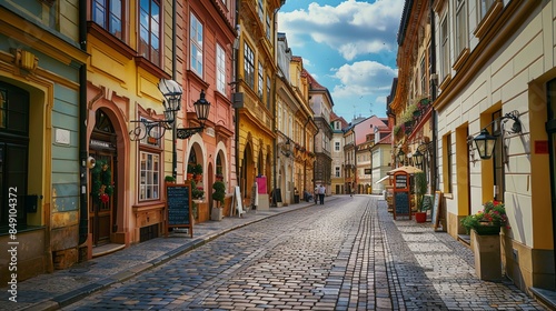 Charming narrow street in the old town of Prague, Czech Republic.