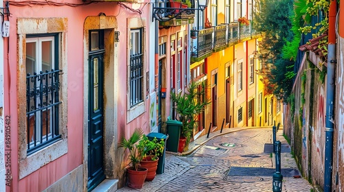 A beautiful narrow street in Lisbon, Portugal. The street is lined with colorful buildings and there are plants and flowers everywhere.