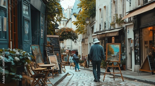 A painter is working on his canvas in a narrow street in Montmartre, Paris. The street is lined with cafes and shops, and there are people walking by.