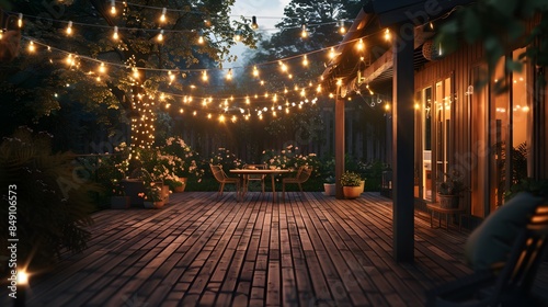 The backyard deck with string lights and outdoor dining area at night. creating an inviting atmosphere for casual gatherings or social events.