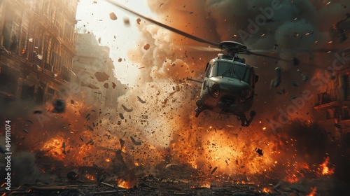 A dramatic action scene depicting a helicopter flying low over a city as an explosion sends debris into the air