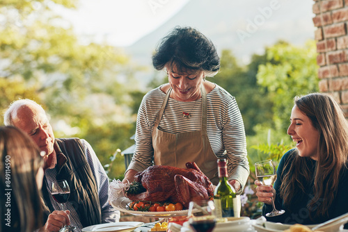 Serving, thanksgiving and woman with turkey for dinner, lunch and food on table outdoor. Happy family, usa tradition and celebration as culture, express gratitude and reflect on blessings in garden