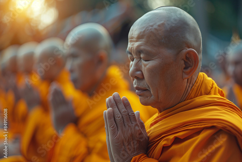 Buddhist Monks Praying During Sunset in a Temple