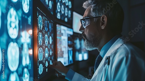 See a doctor carefully reviewing a virtual x-ray projection with focused attention, capturing the role of advanced technology in medical diagnostics and the ongoing commitment to improving healthcare