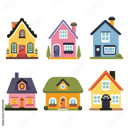 Colorful cartoon houses set, cute residential buildings, urban real estate. Six different residential homes, suburban architecture collection, flat style. Cartoon city houses, charming cottages