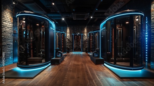 An upscale fitness boutique with personalized training pods, exclusive and private, Photography, soft focus to create an intimate and luxurious workout experience