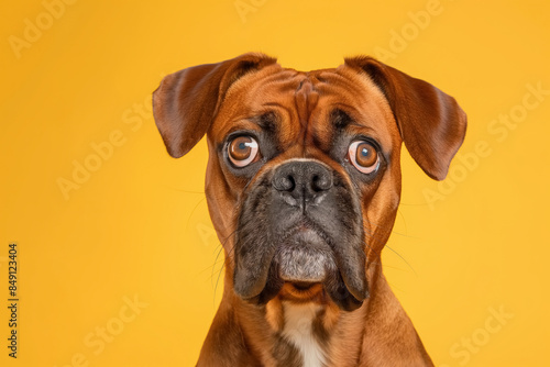 Portrait of cute boxer dog breed on yellow background.