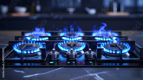 Kitchen gas stove burner with blue flame transparency. Horizontal banner with burning gas stove burner on the kitchen stove 