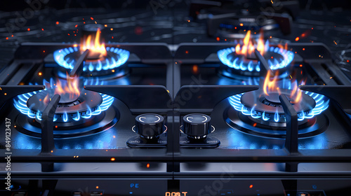 Kitchen gas stove burner with blue flame transparency. Horizontal banner with burning gas stove burner on the kitchen stove 