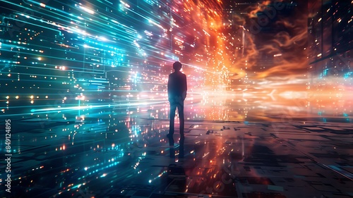 Man standing in futuristic digital archive, pondering the ethics of altering shared memories, illuminated by backlight and enhanced with chromatic aberration, capturing the tension between technology