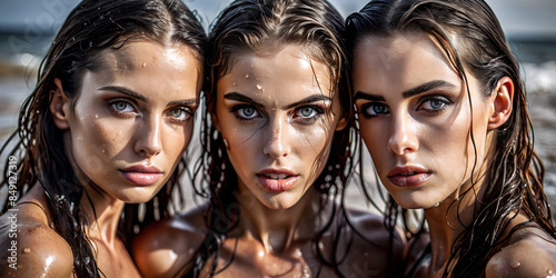 Three wet naked sensual lustful caucasian girls with beautiful eye are looking at camera on a tropical ocean summer beach. Close-up.