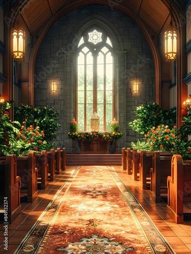 Serene Cathedral Interior With Ornate Altar and Stained Glass Windows
