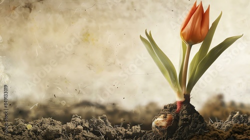A beautiful tulip flower in a field of dirt. The flower is orange and has green leaves. The background is a blurred field of dirt.